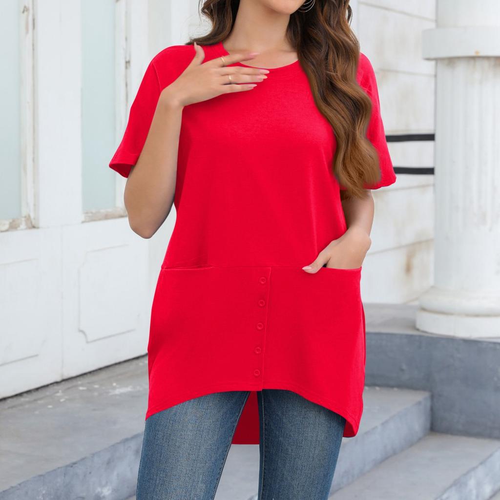 Женская повседневная однотонная свободная футболка с круглым вырезом и короткими рукавами большого размера с карманами