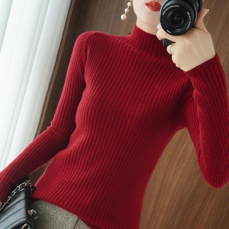 Женский свитер с полувысоким воротом, длинный рукав, тонкий внутренний пуловер, однотонный повседневный плотный вязаный свитер на осень и зиму