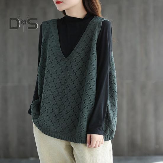 Весна Осень Женский Жилет Вязаный Свитер Ретро V-образный Вырез Свободный Без Рукавов Однотонный Пуловер Ажурный Ромбовидный Текстурный Топ Повседневная Одежда