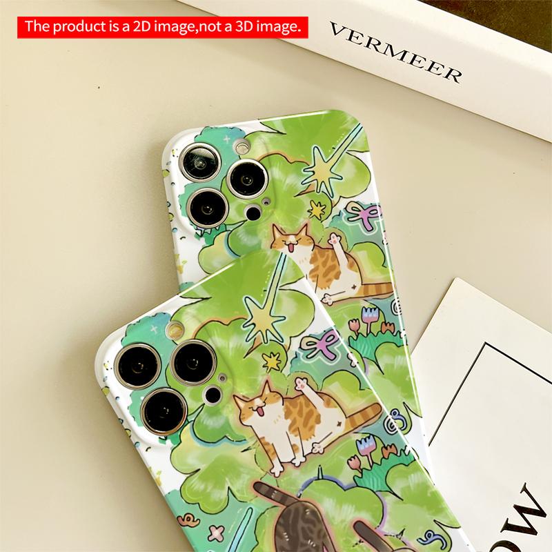 2DFlat Whimsical Cats Among Green Leaves ??? All inclusive film hard iPhone case, compatible with iPhone 18 Pro Max 17 16 15 14 13 12 11