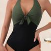 Женский сексуальный летний монокини с бретелькой на шее, глубокий v-образный вырез, цельный купальник, лоскутный цветной декор с бантом, высокая талия, открытая спина