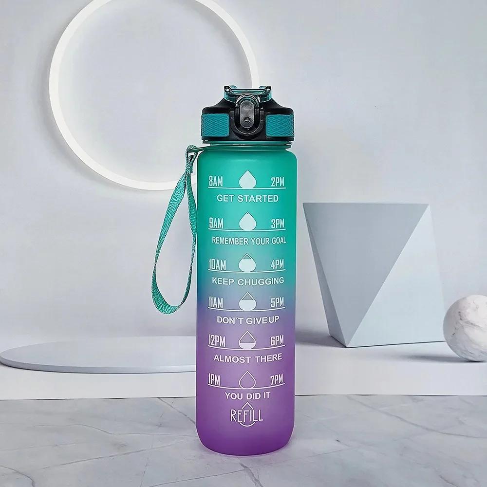 1L Sports Water Bottle With Straw Time Marker Gradient Color Motivational Bottle Leakproof Outdoor Student Drinking Water Cup