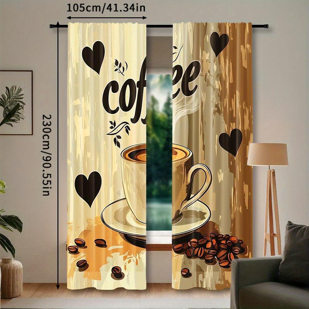 Coffee-Themed Printed Rod Pocket Curtains: Decorative Living Room, Bedroom, or Office Décor