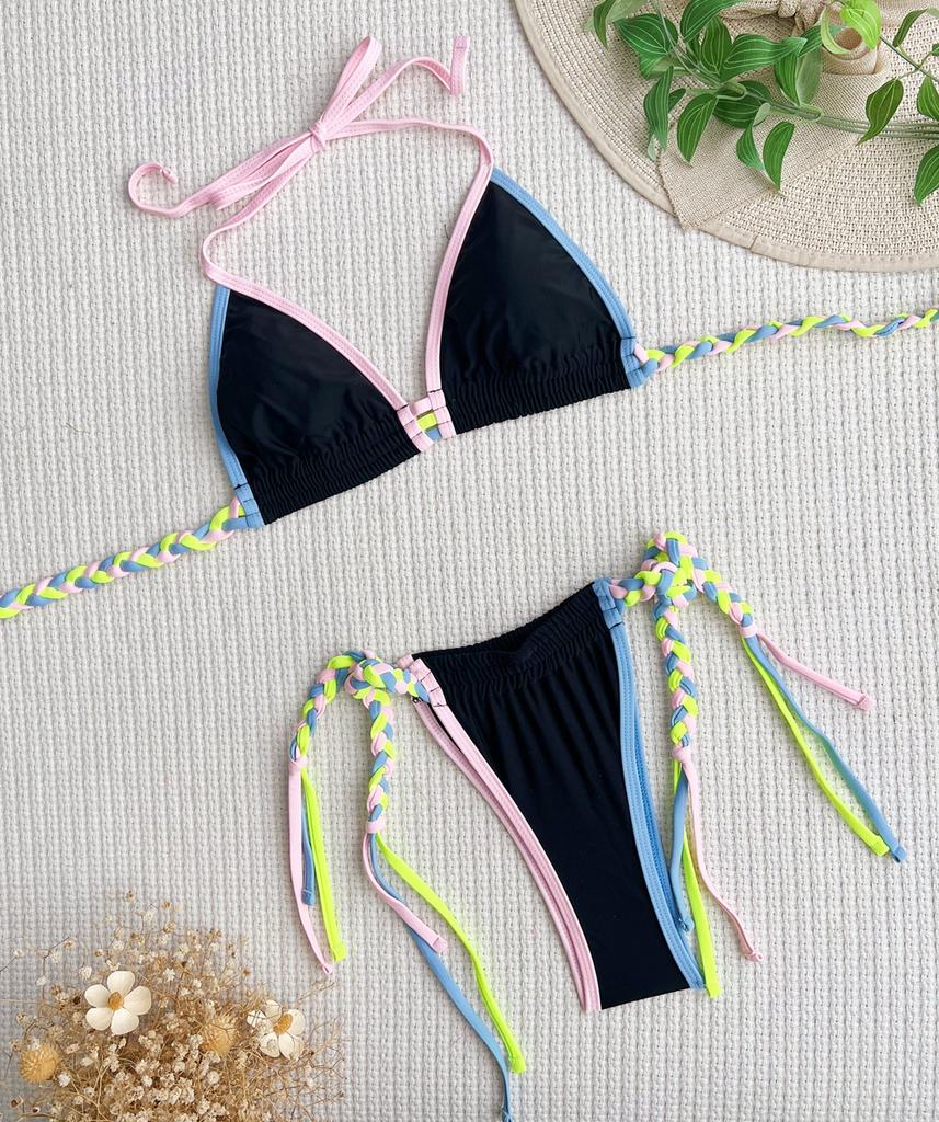 Женский купальник с цветными блоками, с бретелькой на шее, сексуальные стринги с завязками по бокам, цельный купальник, бикини, пляжная одежда, купальные костюмы
