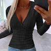 Женские осенние однотонные топы с глубоким v-образным вырезом и длинными рукавами, элегантные облегающие пуловеры с декором на пуговицах, топы в рубчик