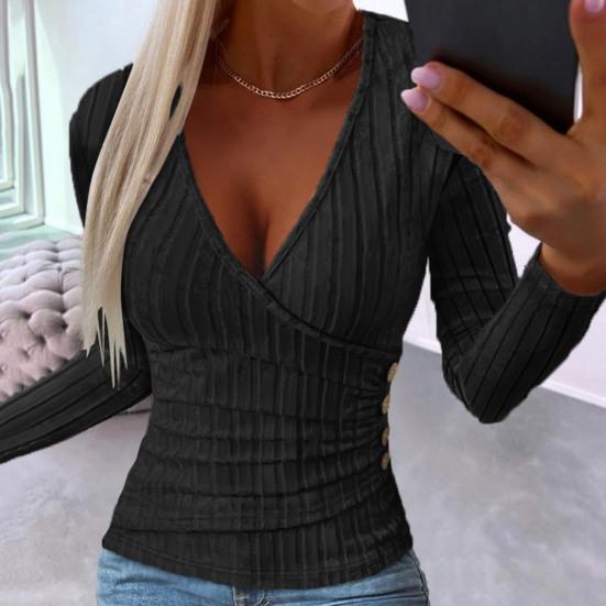 Женские осенние однотонные топы с глубоким v-образным вырезом и длинными рукавами, элегантные облегающие пуловеры с декором на пуговицах, топы в рубчик