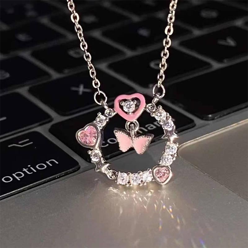 Light Luxury Shiny Zircon Butterfly Pink Heart Necklace For Women Exquisite Round Pendant Clavicle Chain Girl Party Jewelry Gift