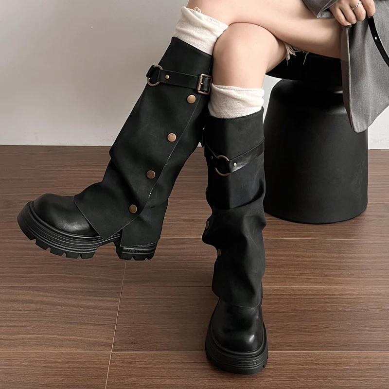 Модные женские кожаные высокие сапоги на платформе и высоком каблуке, женская обувь 2025 года, зимняя мода, дизайнерские мотоциклетные сапоги Mujer Botas