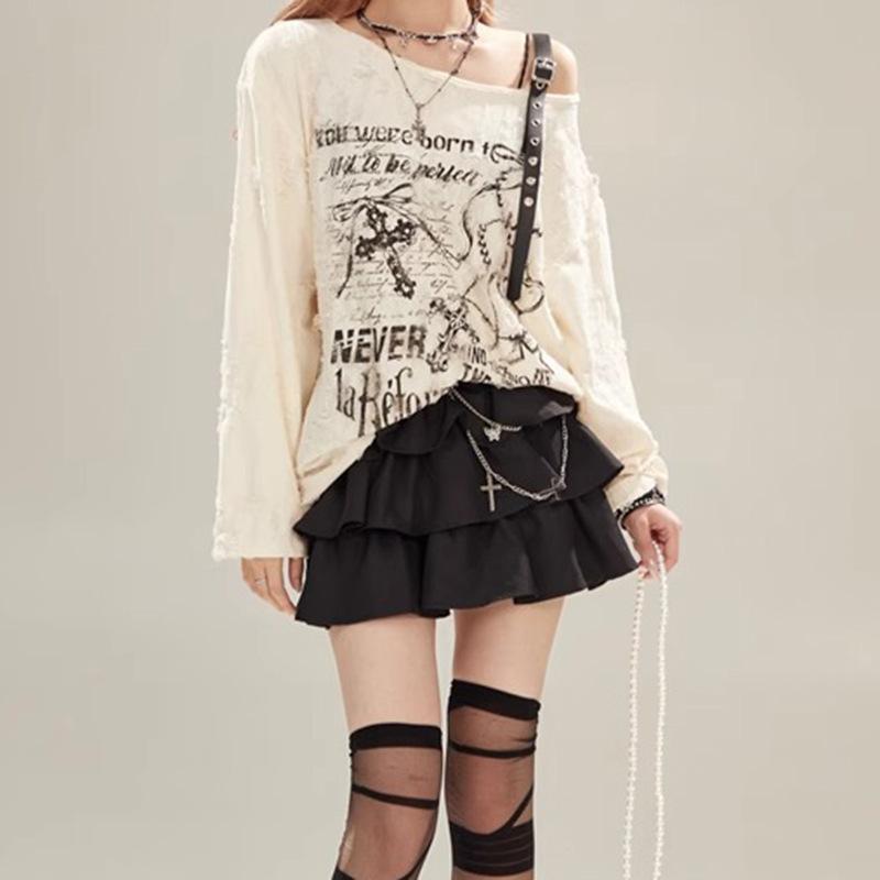 Y2k готический гранж темный ажурный футболка женская Harajuku ажурный с открытыми плечами сексуальные футболки осень панк буквенный принт топы