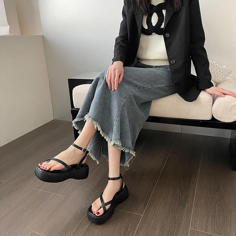 Black Platform Sandals Women Summer 2024 Clip Toe Wedge Heeled Sandals Woman Ankle Straps Thick Bottom Sandales Femmes Shoes
