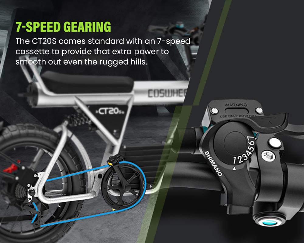 Электрический велосипед COSWHEEL CT20S, двигатель 1500 Вт, аккумулятор 60 В, 27,5 Ач, внедорожная шина 20*5,0 дюйма, максимальная скорость 65 км/ч, максимальный запас хода 160 км, 7-скоростная система Shimano