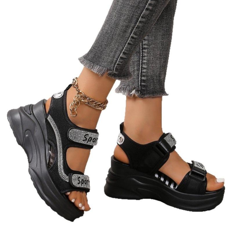 Big Size Women Round Toe Muffin Sandals Thick Bottom Rhinestone Decor Summer Shoes