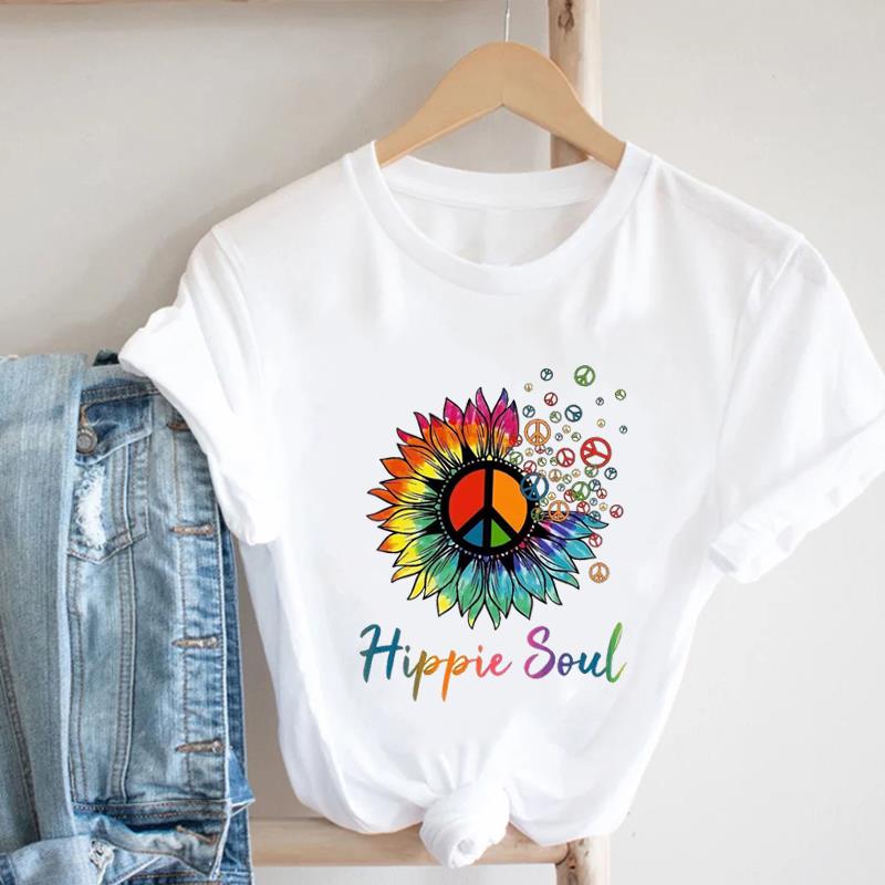 (Asian Size) Women Print Flower Floral Lovely 90s Trend Cute Tee Top Clothing Fashion Tshirt Lady Female Casual Short Sleeve Graphic T-shirt