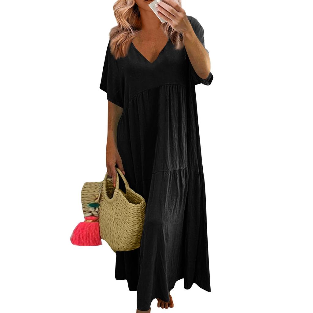 Женское летнее модное однотонное платье с v-образным вырезом большого размера, свободное длинное большое свободное платье с короткими рукавами