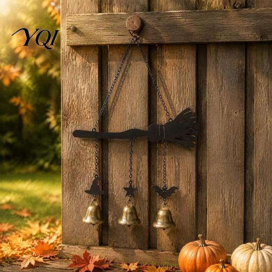 Festive Wind Chime Halloween Witch Broom Chime, Holiday Party Decorative Hanging Bell Metal for Indoor Outdoor Garden Patio Porch