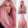 ALAN EATON Pink White Highlight Straight Wig Long Synthetic Wigs with Bangs Mixed Color Pink Party Wig for Women Cosplay Use