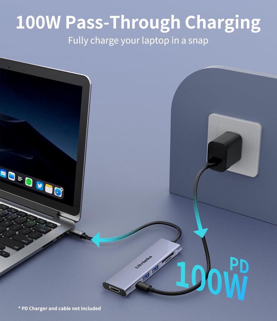 Адаптер-хаб USB C 100 Вт PD Зарядка 4K Кардридер Совместим с MacBook iPad iPhone Galaxy Surface Chromebook для поддержки 7-в-1, HDMI, MicroSD/SD