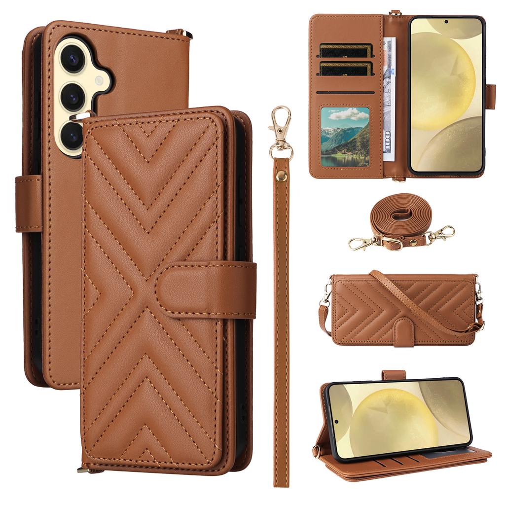 For Samsung Galaxy S24 Wallet Case with Shoulder/Wrist Strap Leather Phone Cover Stand