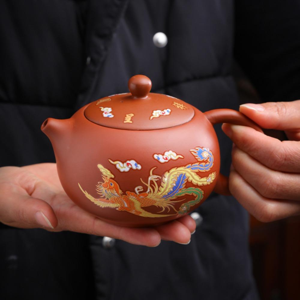 Hand-made Changes Color Purple Clay Teapot Dragons Phoenixs Pattern Tea Infuser  Living Room