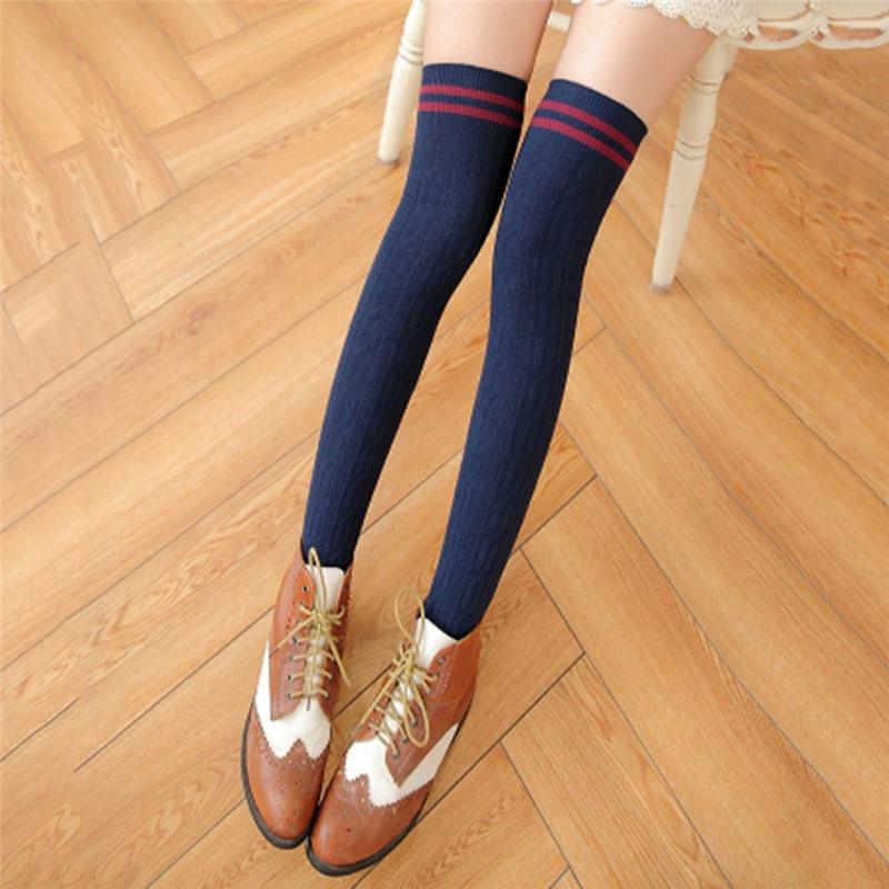Сексуальные носки для девочек, длинные носки в японском стиле, темно-синие хлопковые чулки выше колена с тремя полосками