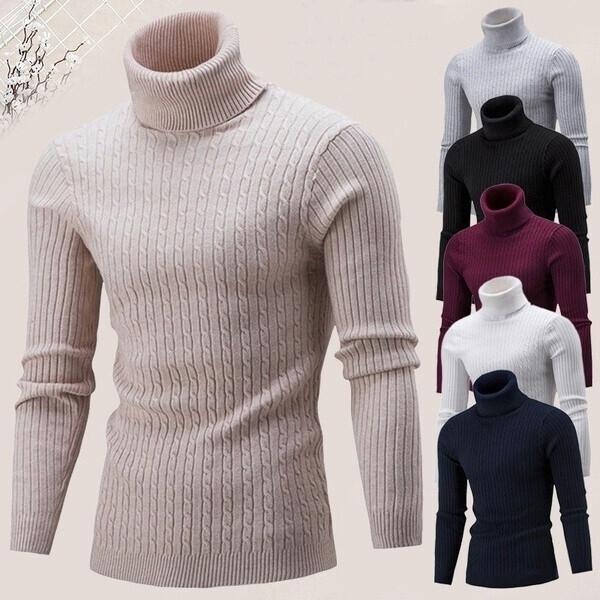 Men's High Collar Sweater Autumn and Winter Fashion Men's Long Sleeve Warm Knitted Turtleneck Sweater Keep Warm Pullovers