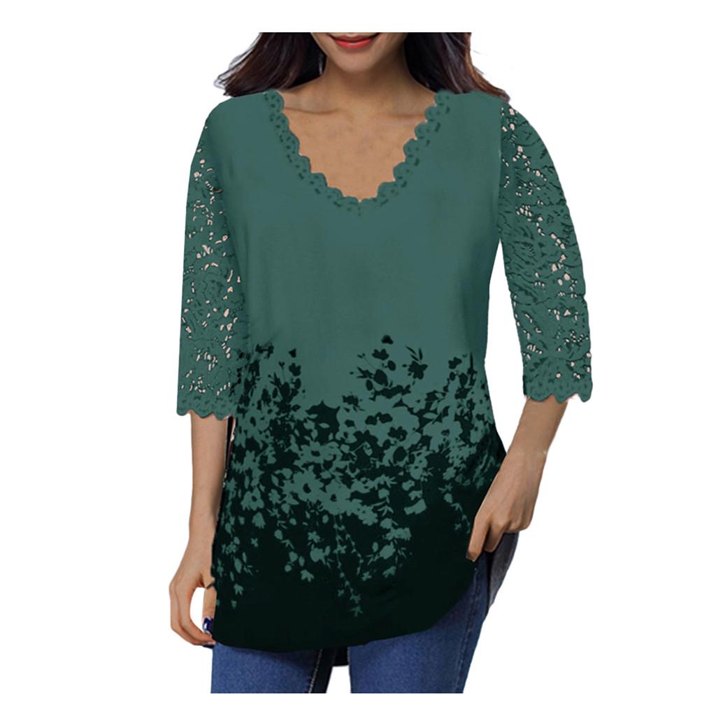 Women's Lace 3/4 Sleeve V Neck T Shirt Ladies Floral Blouse Tunic Tops Plus Size