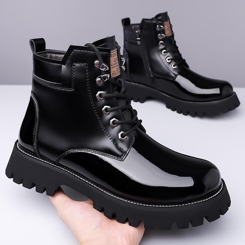 Зимние мужские высокие термоботинки с плюшевой подкладкой, сноубутсы из лакированной кожи, повседневные, нескользящие, водонепроницаемые, теплые, удобные ботильоны