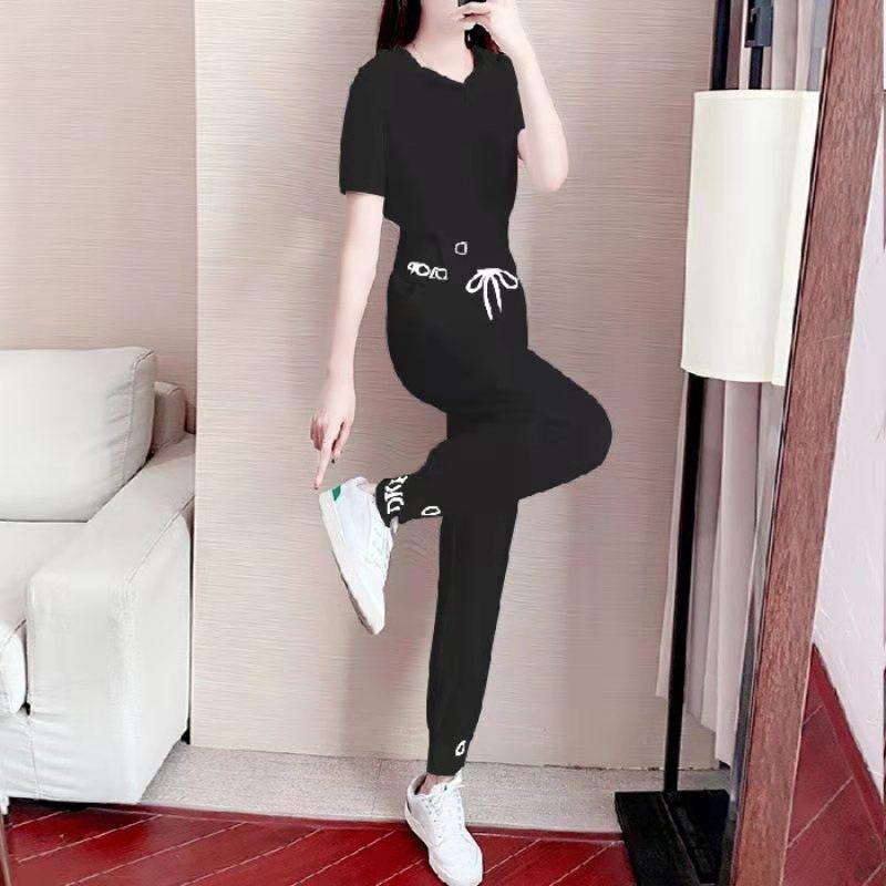 Ayollar kundalik futbolka shimlar to'plami Elegant pushti O-bo'yin qisqa yengli futbolka + ipli erkin shimlar sport kostyumi