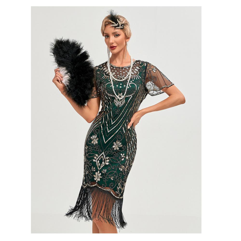 1920S Retro Ball Embroidered Tassel Dress Party Large Size Sequined Beaded Mesh Dress