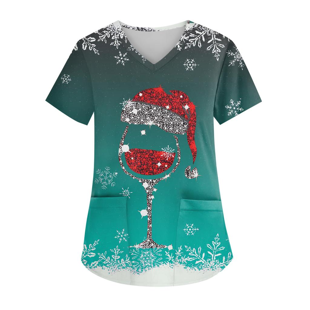 Women's V-neck Christmas Print Short-sleeved Pocket Side Slit Uniform Top