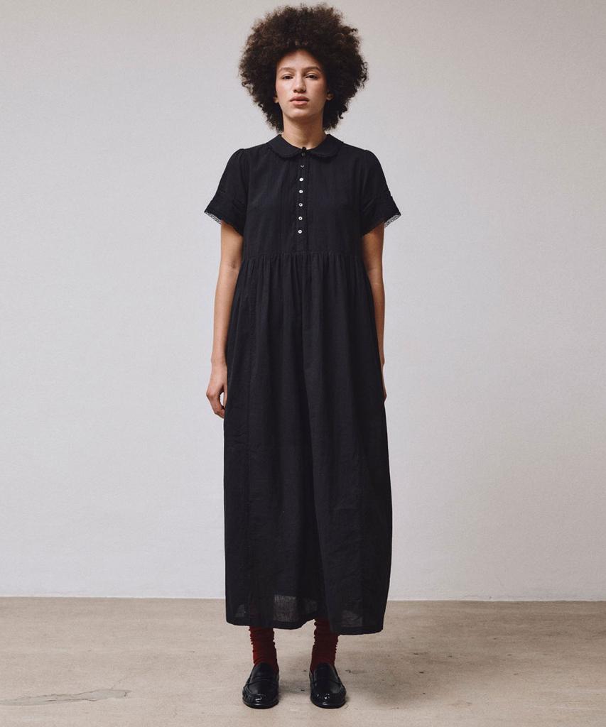 Visavi Embroidered Lace Trim Cotton Dress (Black)