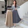 Women's Black Pleated A-Line Skirt - Mid-Length, High Waist, Elastic Fit, Autumn/Winter