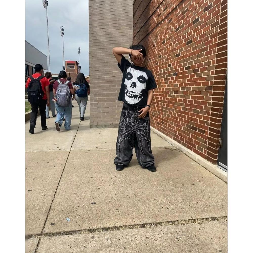 Джинсы Y2K Phantom с вышитой нашивкой в виде паука на улице, хип-хоп, готические, ретро, свободные, мешковатые, унисекс, для уборки