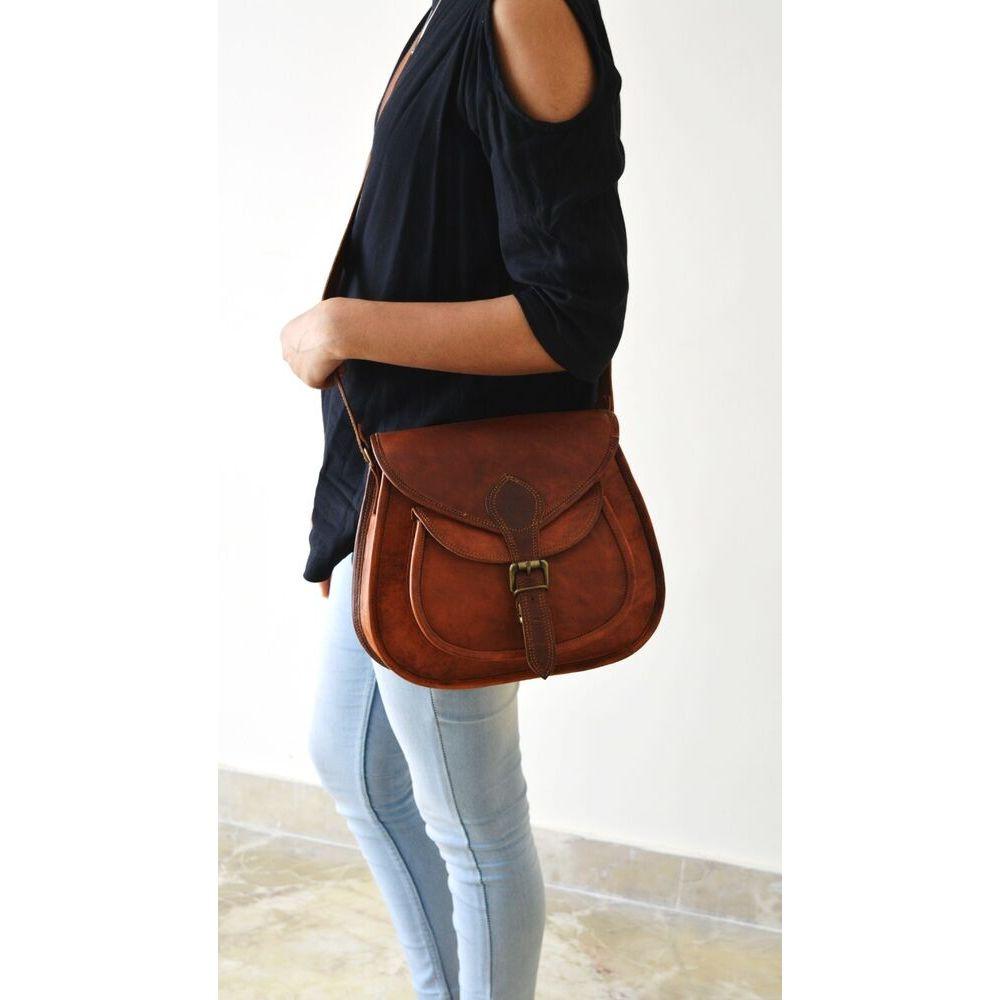 Vintage Full Grain Leather Saddle Purse Messenger Crossbody Bag Goat Leather 11"