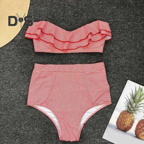 2Pcs/Set Women Bikini Set Ruffle Trim Bandeau Padded Push-Up Bra High Waisted Briefs Set Striped Print Beachwear
