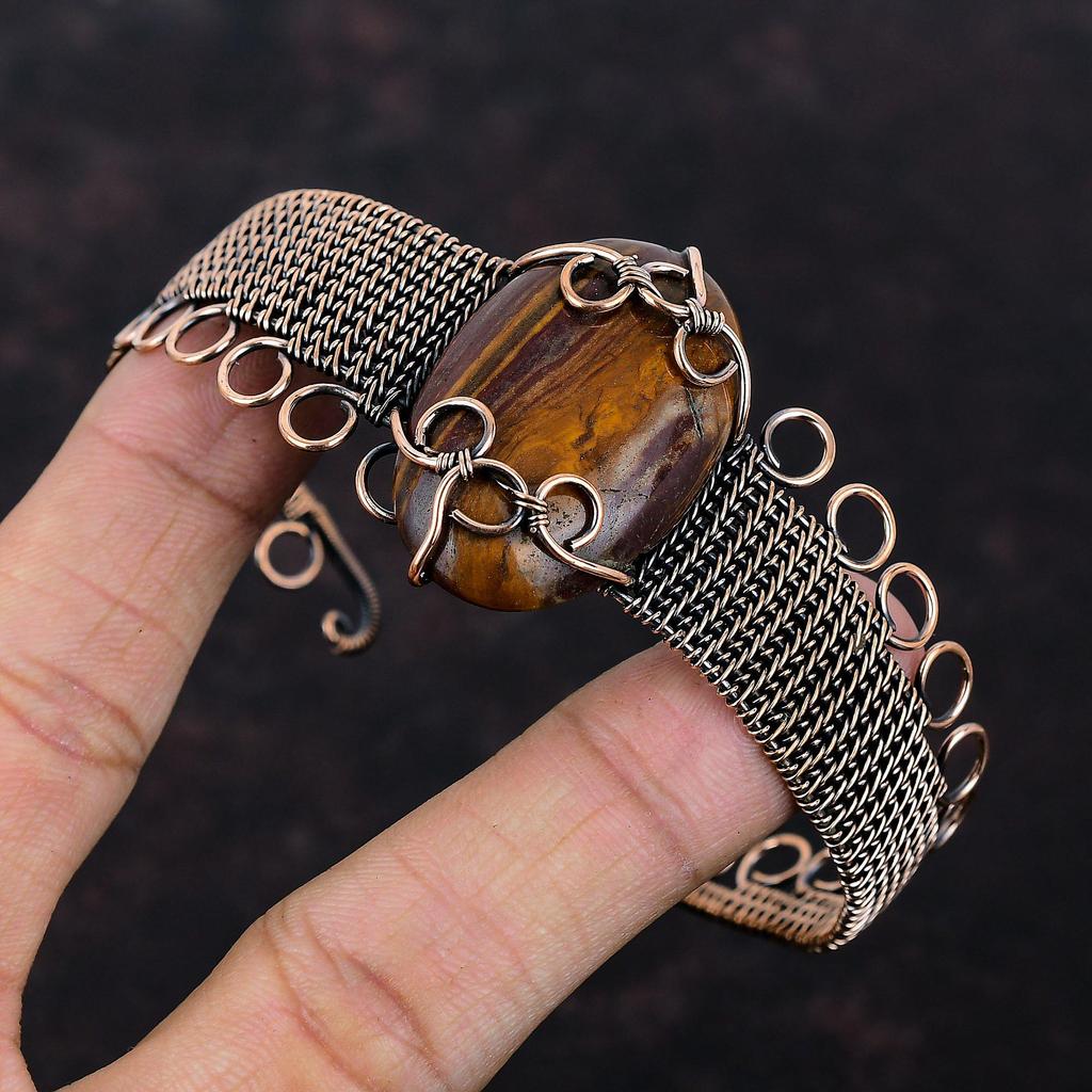 Red Snakeskin Jasper Cuff Bracelet Copper Wire Wrapped Jewelry Adjustable Bangle Handmade Copper Wire Wrap Bangle Gemstone Bracelet For Gift