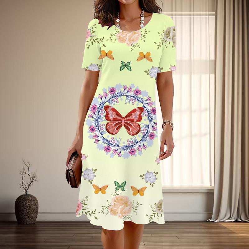 Женская мода изящный принт бабочки лето весна короткий рукав О-образный вырез повседневные платья