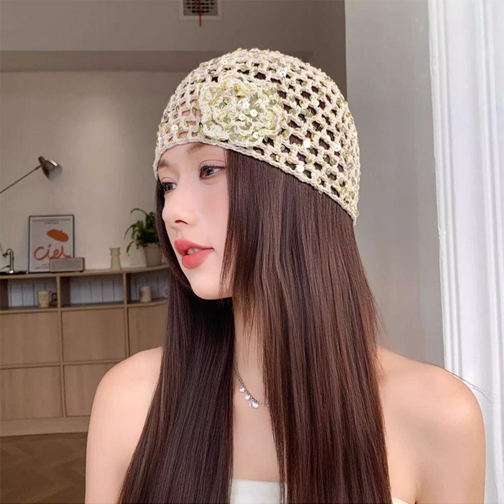 Flower Hollowed Out Knitted Hat Thin Weave Cap Retro Woven Pullover Cap Spring Summer