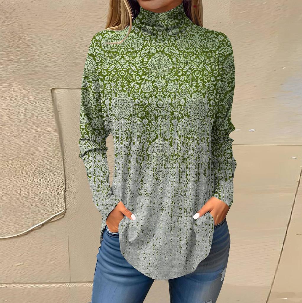 Футболки для женщин, осенние повседневные рубашки с длинными рукавами, толстовка с винтажным принтом, топ с высоким воротом, пуловер