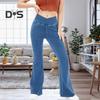 Ayollar Yuqori Bel Denim Shimlar Ozgina Slim Fit Keng Etekli Jinslar Cho'ntaklar Xoch Belbog'li Denim Shimlar Streetwear