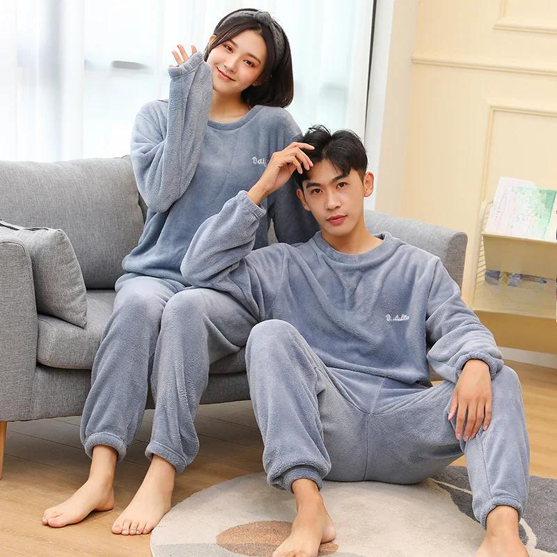 2 шт./комплект осенне-зимняя пижама из кораллового флиса, утолщенная теплая мужская и женская мягкая с длинным рукавом, длинные брюки, домашняя одежда для пар