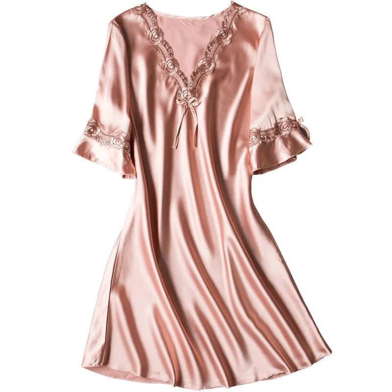 Women's Summer Nightdress Ice Silk Homewear Dress Thin Short Sleeve Silk Pajamas Solid Sexy Nightdress