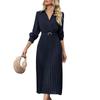 Women's Dresses Solid Color V-Neck Casual Temperament Long Sleeve Belt Lapel Pleated Skirt Dresses