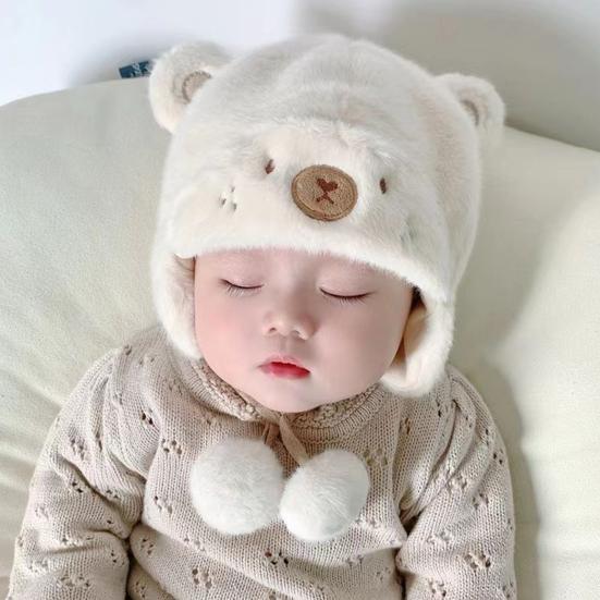 Winter Warm Baby Hats Toddler Earflap Bear Hat with Soft Ball Unisex Infant Snow Cap Fleece Warm Hemming Caps for Newborn