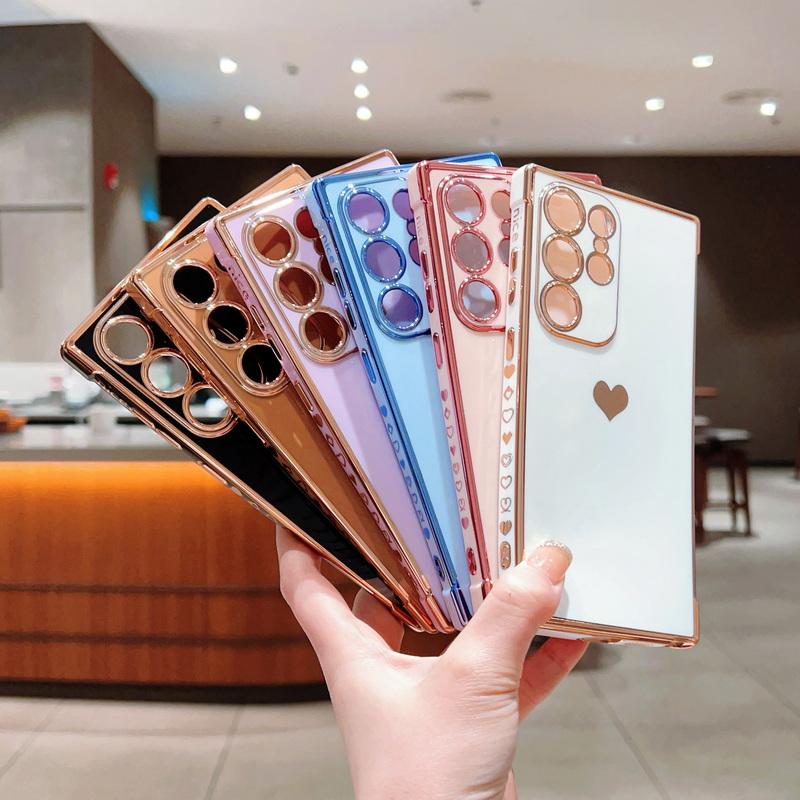 Solid Color Love Heart Print Slim Case For Samsung Galaxy S25 Ultra S24 FE S23 S22 S21 A16 A55 A15 A35 A25 A14 Plating TPU Soft Shockproof Phone Cover