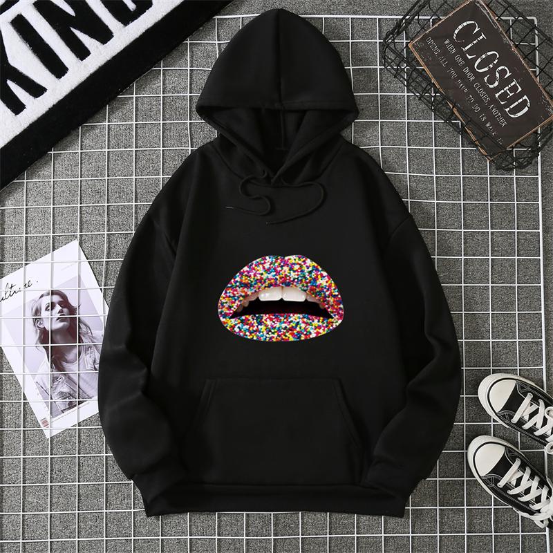 Fashion Lips Print Women Hooded Sweatshirt Casual Long Sleeve O Neck Loose Women Ladies Hooded Tops Clothes