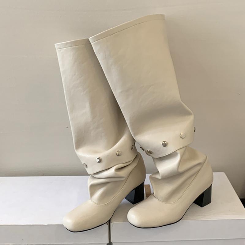 Новый стиль Комбинированные вставки на пуговицах Женские ботфорты до колена Модные с круглым носком Плиссированная кожа Длинные ботинки Низкий квадратный каблук