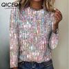 Women's Tops Autumn and Winter Fine Glitter Print Large Size O-Neck Long Sleeve