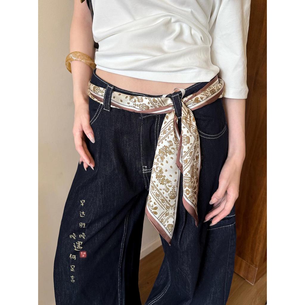 Cashmere Floral Silk Scarf: Women's Summer Thin Retro Ribbon, Neck Tie & Waist Accessory