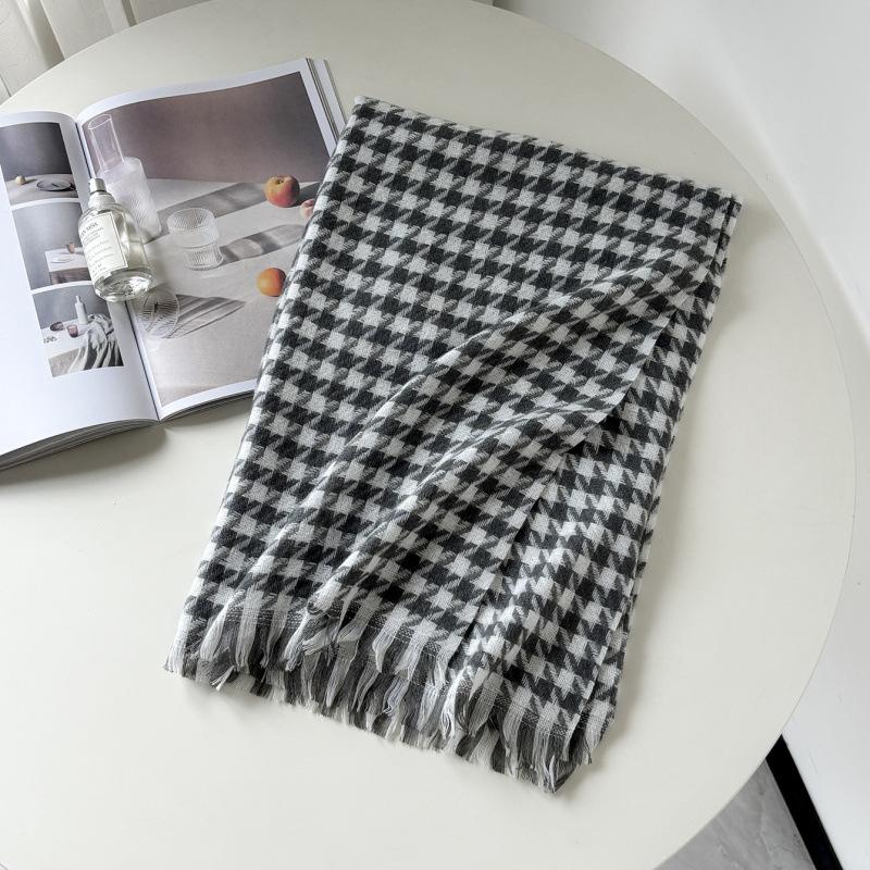 Autumn And Winter Classic Versatile Thousand Bird Grid Scarf Women'S Winter Black And White Plaid Imitation Cashmere Scarf Student Shawl Women
